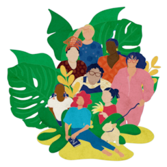 Graphic of colorful tropical leaves with women and gender non-conforming people.